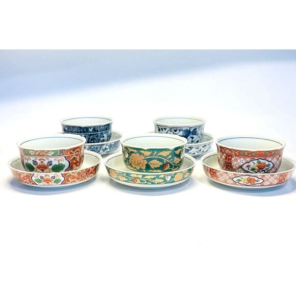 Chikusai Kiln Kakiemon Porcelain Tea Cups and Saucers Set of 5 Mint Condition - Picture 1 of 16
